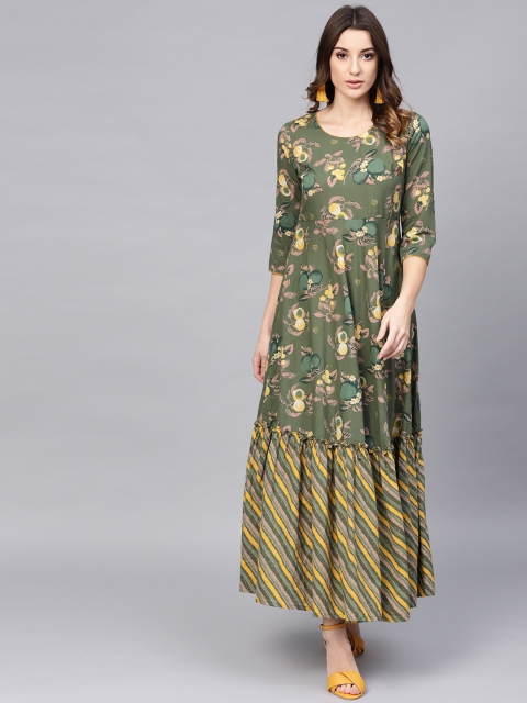 

AKS Women Green & Yellow Floral Printed Maxi Dress