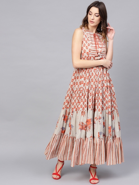 

AKS Women Beige & Orange Printed Tiered Maxi Dress