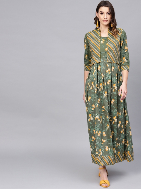 

AKS Women Green & Yellow Floral Printed Maxi Dress with Ethnic Jacket