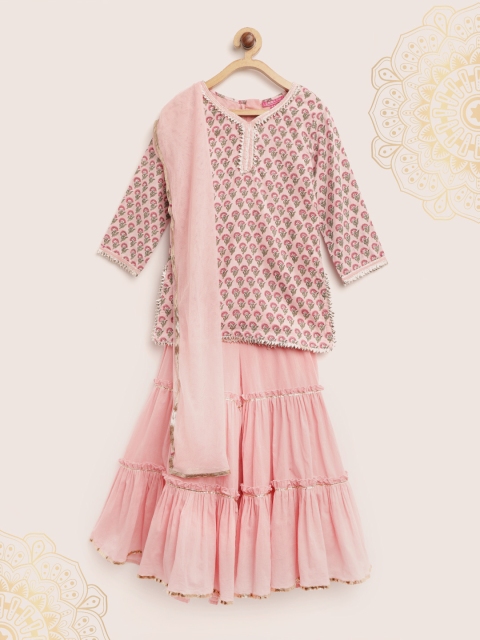 

Biba Girls Pink & Green Printed Kurta with Solid Sharara & Dupatta