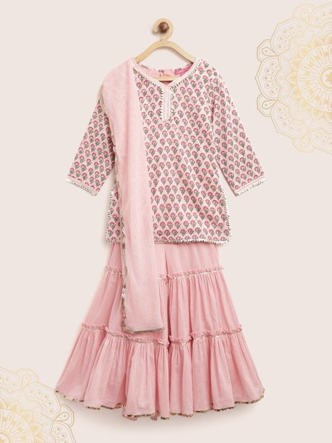 

Biba Girls Pink & Green Printed Straight Kurta with Sharara & Dupatta
