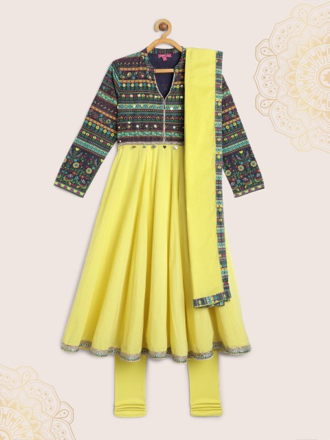 

Biba Girls Yellow & Navy Blue Printed Kurta with Churidar & Dupatta