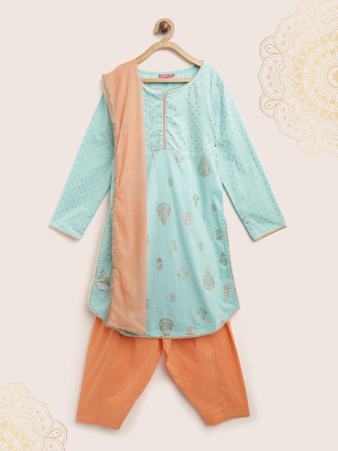 

Biba Girls Blue & Peach-Coloured Printed Panelled A-line Kurta with Salwar & Dupatta