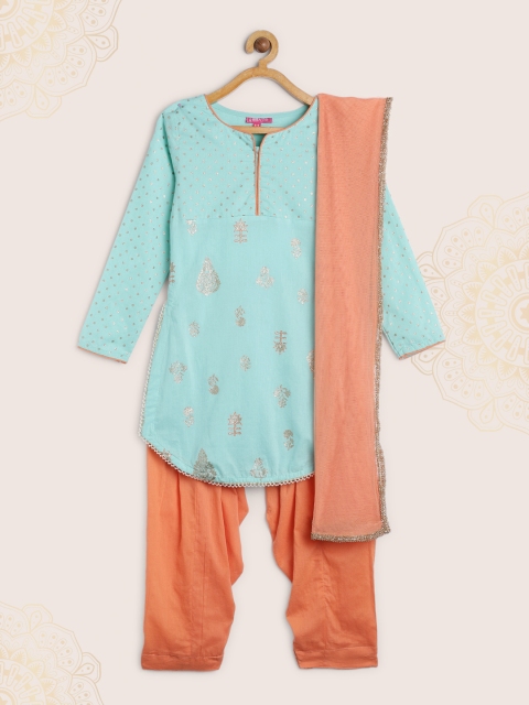 

Biba Girls Turquoise Blue Printed Kurti with Orange Patiala & Dupatta