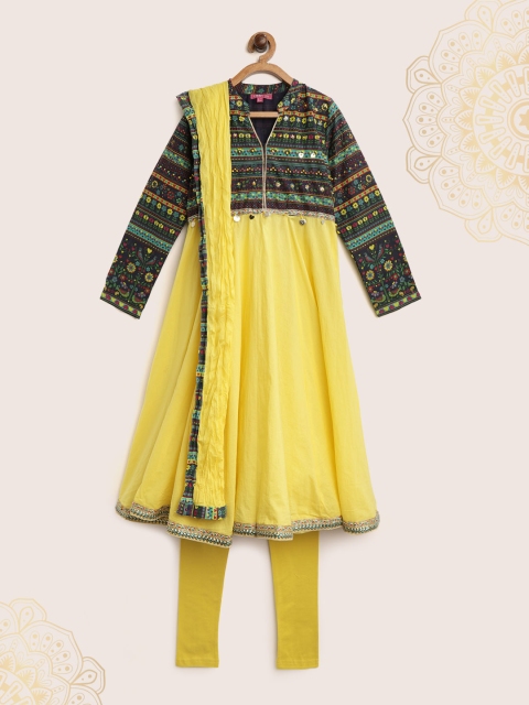 

Biba Girls Yellow Yoke Design Kurta with Leggings & Dupatta