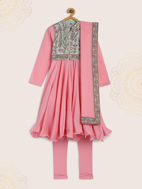 

Biba Girls Pink Solid Kurti with Churidar & Dupatta