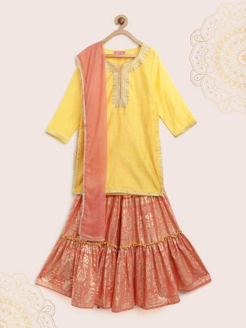 

Biba Girls Yellow & Peach-Coloured Yoke Design Kurta with Sharara & Dupatta