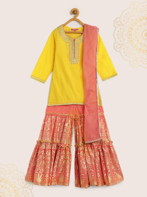 

Biba Girls Yellow & Peach-Coloured Embroidered Kurti with Sharara & Dupatta