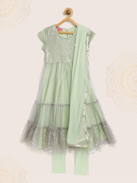 

Biba Girls Green & Grey Embellished Kurta with Churidar & Dupatta