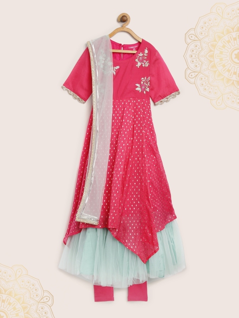 

Biba Girls Pink & Sea Green Self Design Brocade Kurta with Leggings & Dupatta