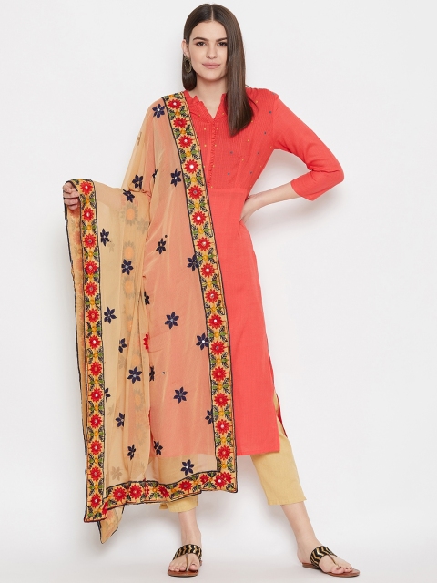 

WEAVERS VILLA Beige & Navy Blue Phulkari Embroidered Dupatta