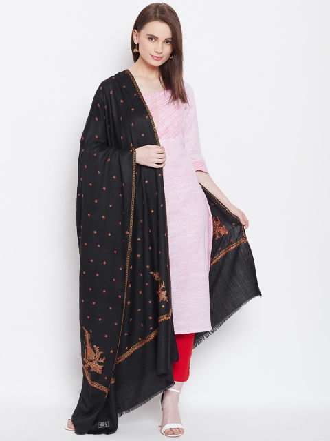 

WEAVERS VILLA Women Black & Orange Woven Design Woollen Shawl