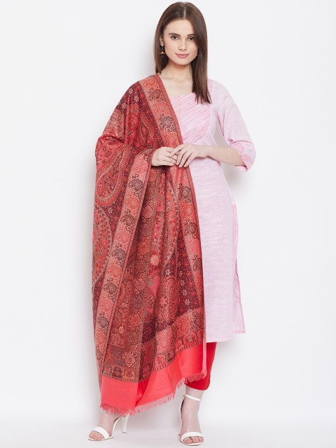 

WEAVERS VILLA Women Coral Pink & Black Woven Design Shawl
