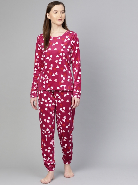 

Marks & Spencer Women Magenta & White Heart Print Fleece Night Suit