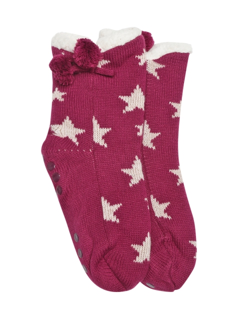 

Marks & Spencer Women Magenta & Off-White Star Print Above Ankle Bootie Slipper Socks