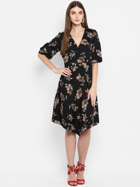 

TRENDY DIVVA Women Black & Brown Floral Print Wrap Dress