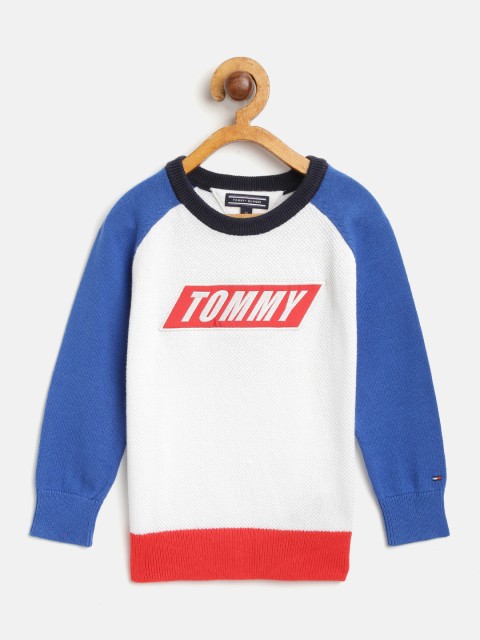 

Tommy Hilfiger Boys White & Blue Solid Sweater with Applique Detail