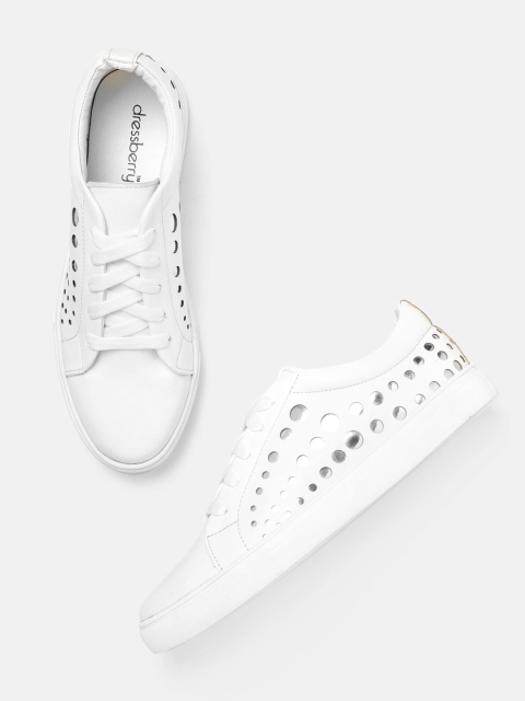 

DressBerry Women White & Silver-Toned Laser Cut Sneakers