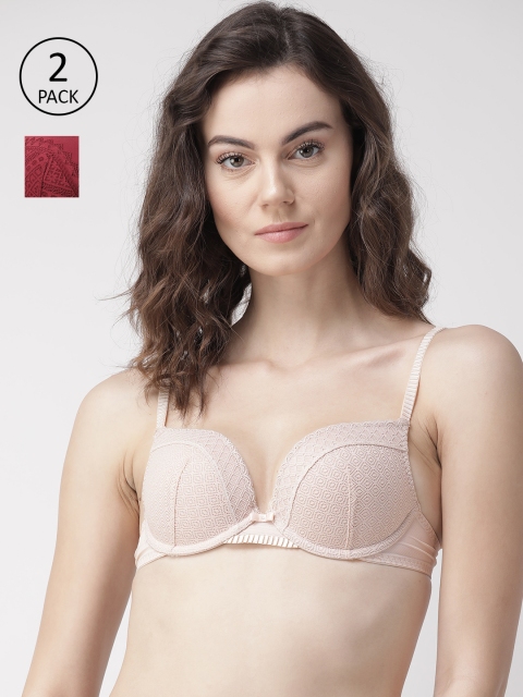 

Marks & Spencer Women Pack of 2 Lace Heavily Padded Push-Up Plunge Bra T818083WINE, Beige