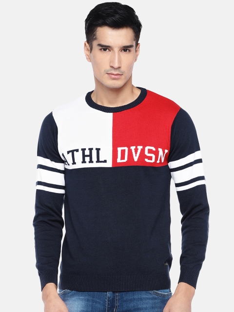 

Globus Men Navy Blue Colourblocked Pullover Sweater
