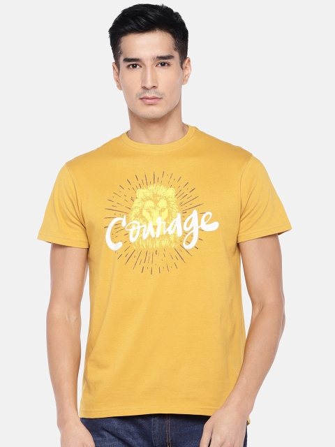 

Globus Men Mustard Yellow & Off-White Printed Round Neck T-shirt