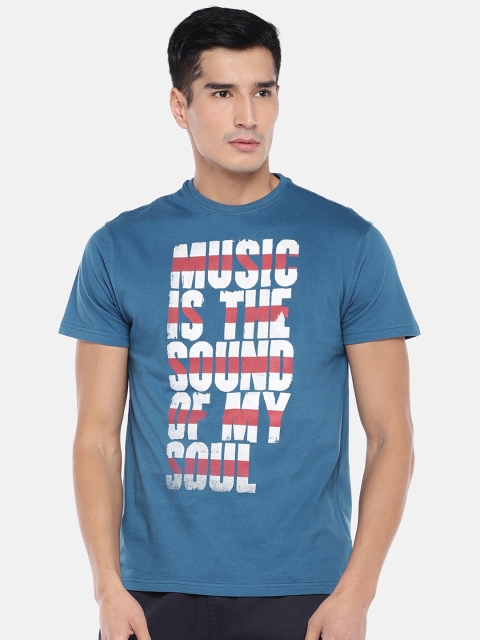 

Globus Men Teal Blue Printed Cotton Round Neck T-shirt