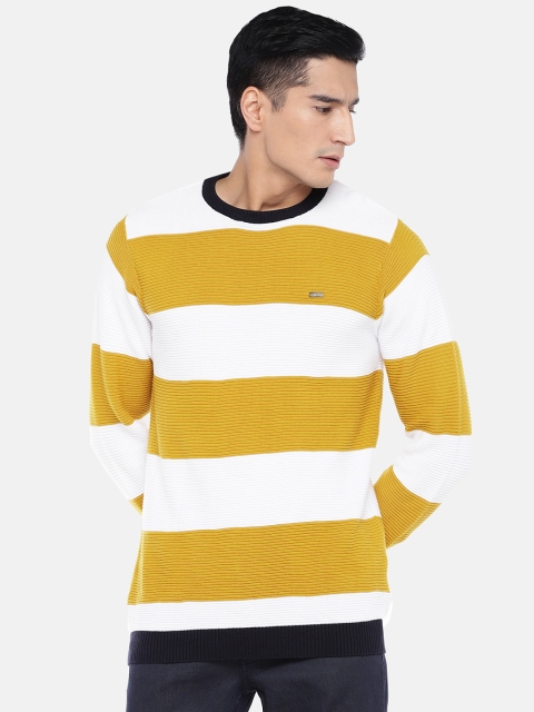 

Globus Men Mustard Yellow & White Striped Round Neck T-shirt