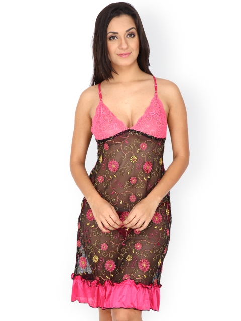 

Secret Wish Black & Pink Embroidered Lace Baby-Doll BD-123