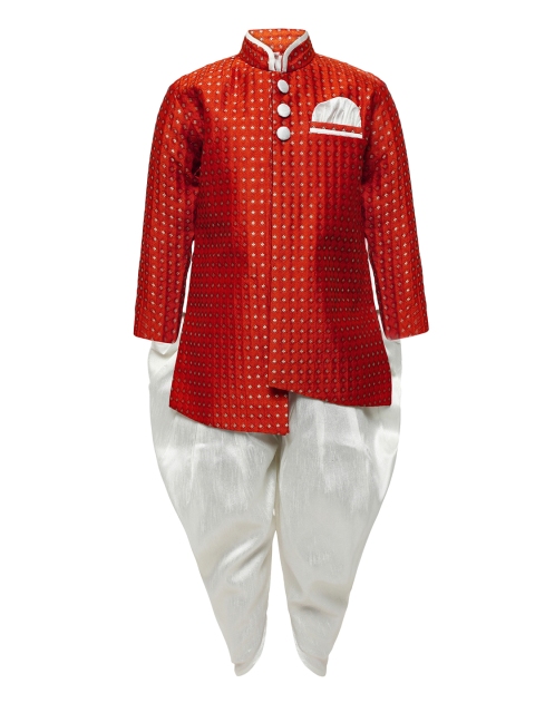 

Aj DEZInES Boys Red & White Silk Woven Design Sherwani Set