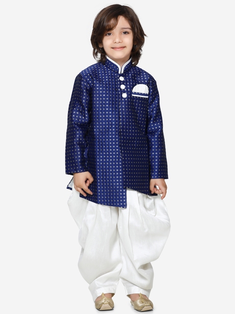 

Aj DEZInES Boys Navy Blue & White Silk Woven Design Sherwani Set