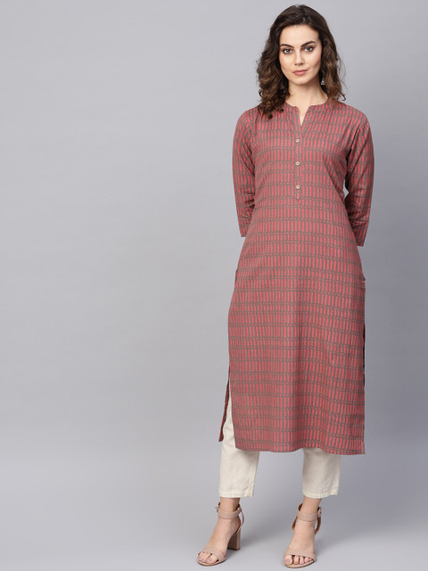 

KSUT Women Charcoal Grey & Pink Printed Straight Kurta