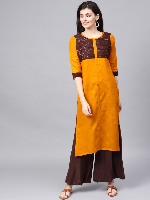 

KSUT Women Mustard Yellow & Brown Yoke Design Straight Kurta