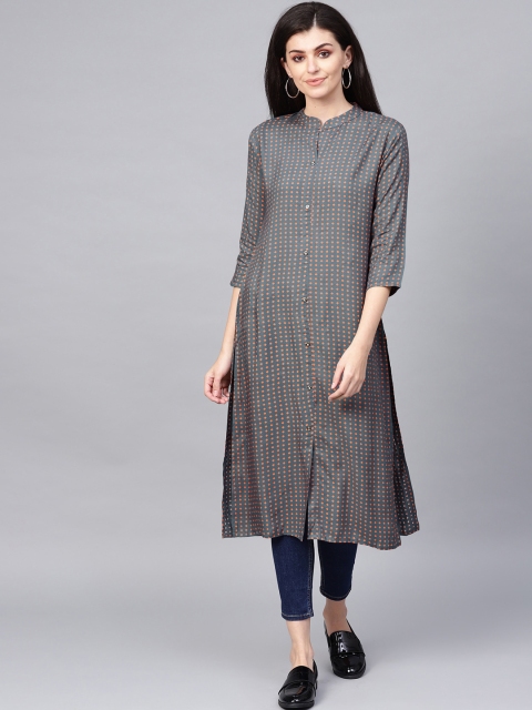

KSUT Women Charcoal grey & Orange Printed Straight Kurta