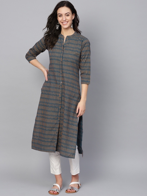 

KSUT Women Navy Blue & Orange Printed Straight Kurta