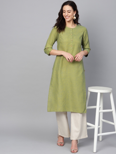 

KSUT Women Green Solid Handloom Straight Kurta, Olive
