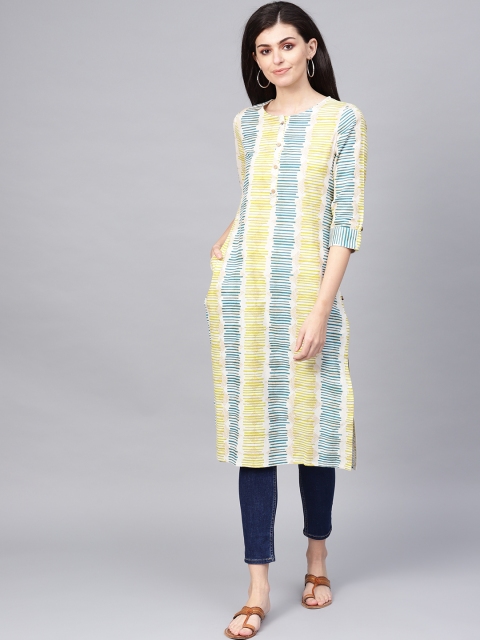 

KSUT Women Off-White & Green Striped Handloom Straight Kurta