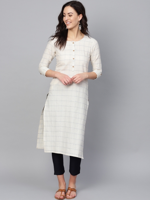 

KSUT Women Off-White & Blue Checked Handloom Straight Kurta