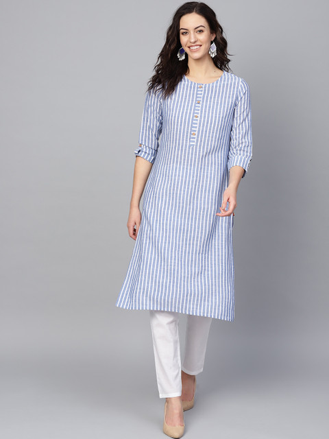 

KSUT Women Blue & White Striped Handloom Straight Kurta