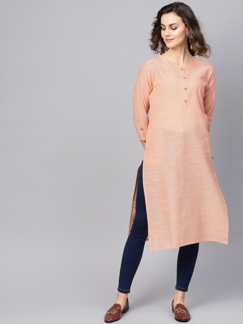 

KSUT Women Peach-Coloured & Off-White Handloom Self-Striped Straight Kurta
