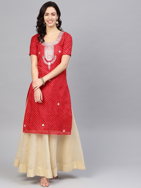 

SIAH Women Red & Off-White Leheriya Printed Straight Kurta