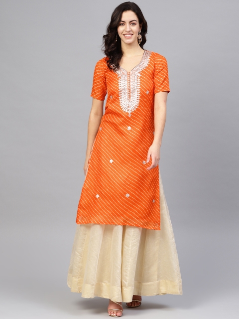 

SIAH Women Orange & White Leheriya Print A-Line Kurta