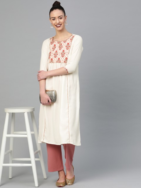 

SIAH Women Off-White & Coral Pink Yoke Design A-Line Kurta