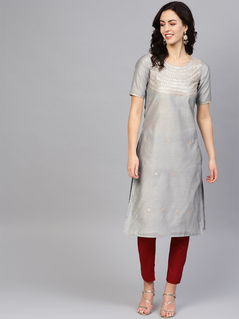 

SIAH Women Grey & Silver Zari Embroidered Straight Kurta