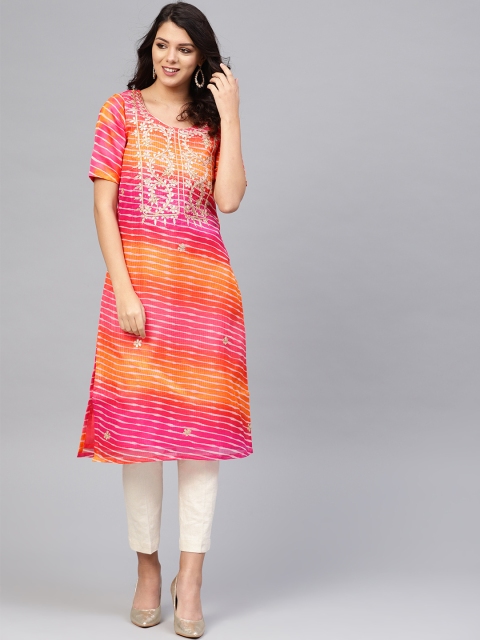 

SIAH Women Pink & Orange Leheriya Print Straight Kurta