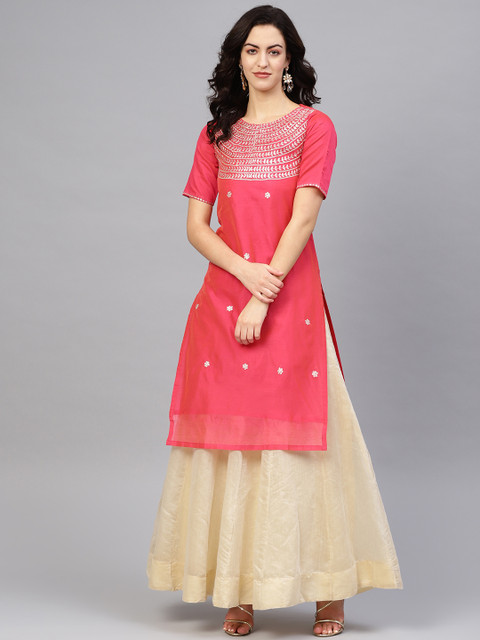 

SIAH Women Pink & Golden Zari Embroidered Straight Kurta