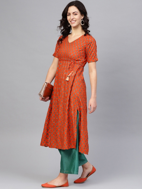 

SIAH Women Rust Orange & Green Khari Printed A-Line Kurta