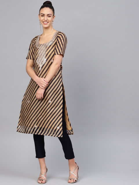 

SIAH Women Beige & Black Leheriya Print Straight Kurta