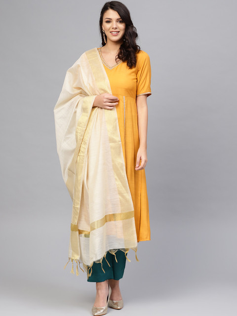 

SIAH Women Mustard Yellow & Green Solid Kurta with Trousers & Dupatta