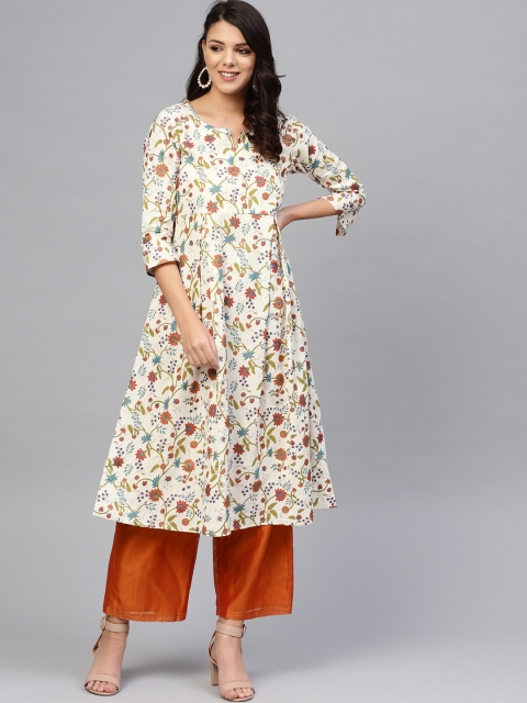 

SIAH Women Off-White & Orange Foil Printed A-Line Kurta