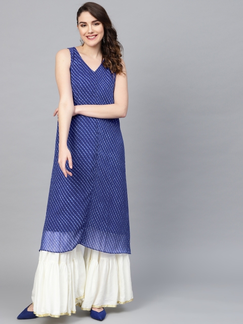 

SIAH Women Navy Blue & Off-White Leheriya Print A-Line Kurta